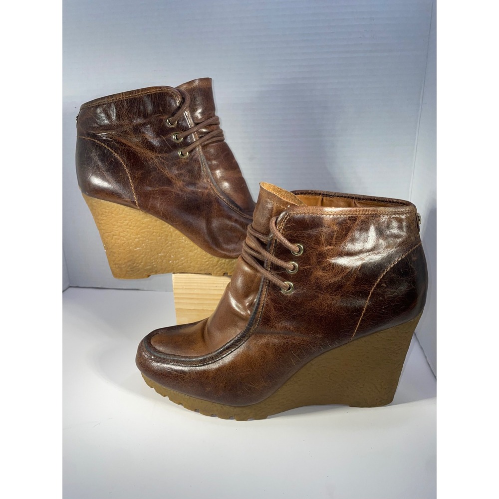 Michael Kors Women's Size 9.5M Brown Leather Lace Up Wedge Heel Ankle Booties VG